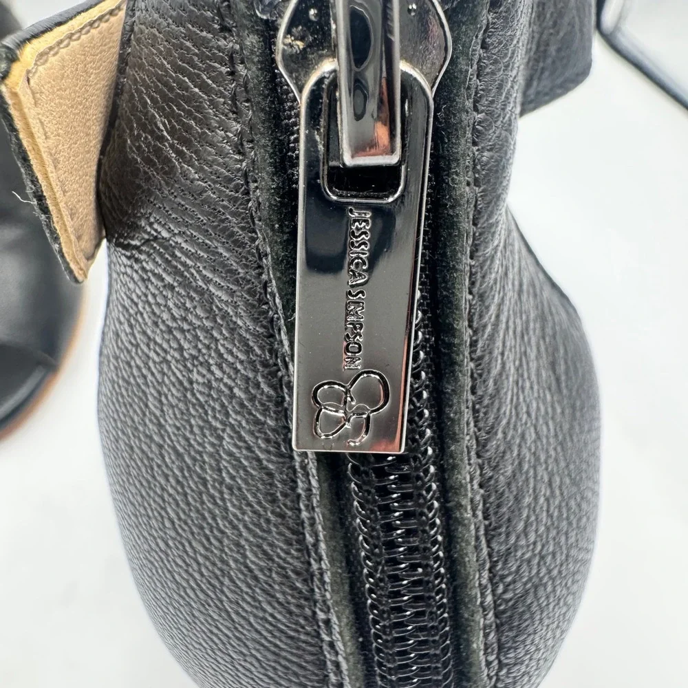 Jessica Simpson Crimsella Black Leather Wedge Sandals Peep Toe Ankle Strap 7M